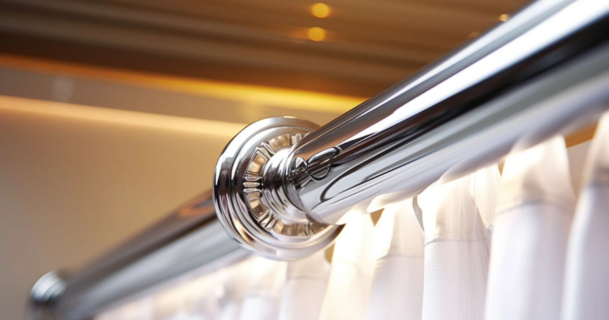 A close-up of a chrome shower curtain rod without rusty spots.