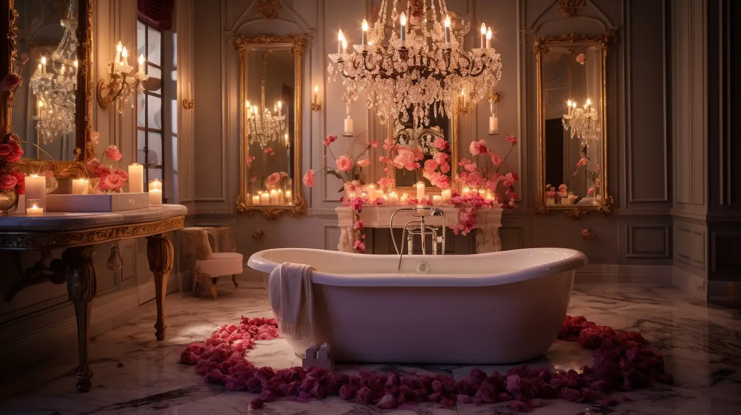 A bathroom with a bathtub and flowers on the floor.