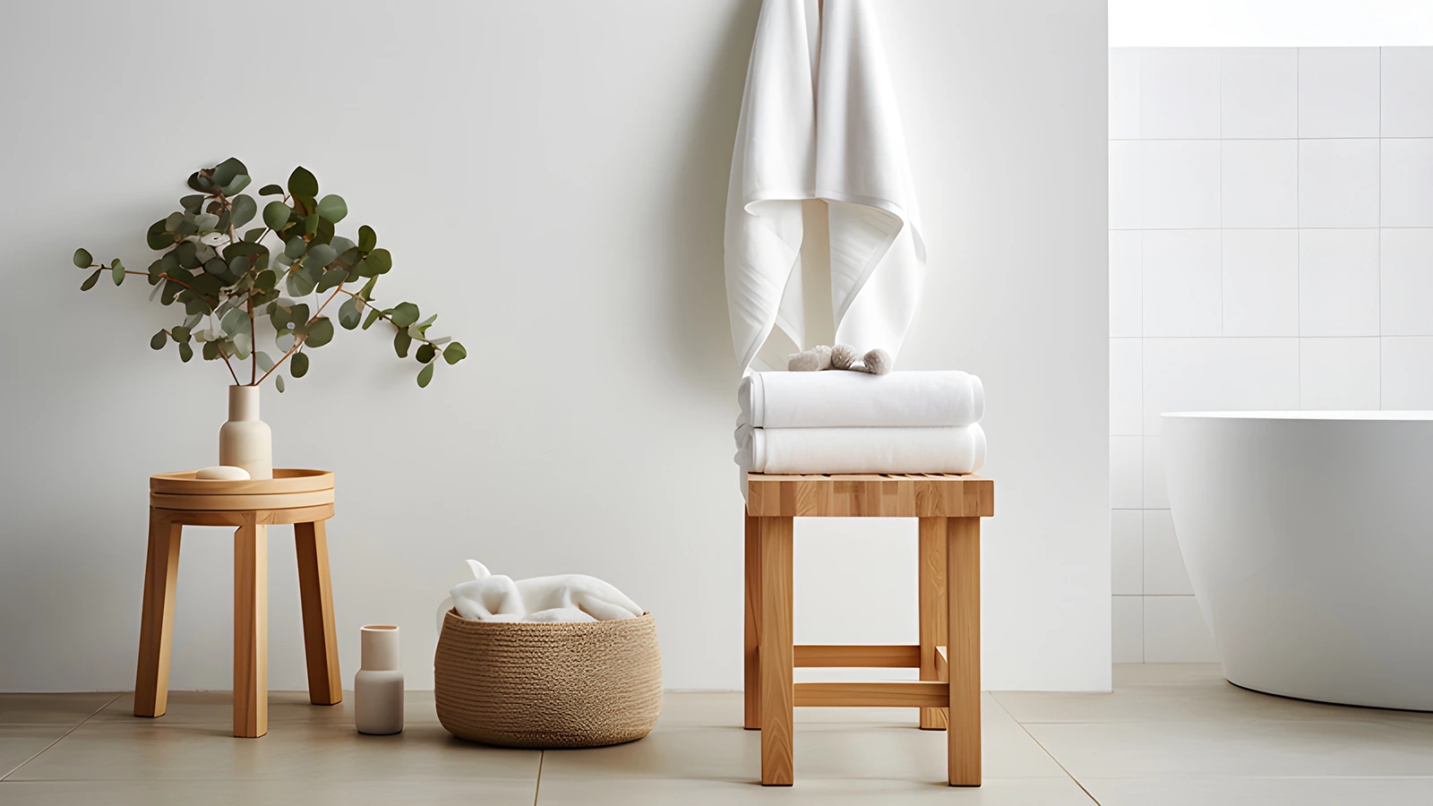 Learn how to decorate your apartment bathroom with a wooden stool and towels for a stylish touch.