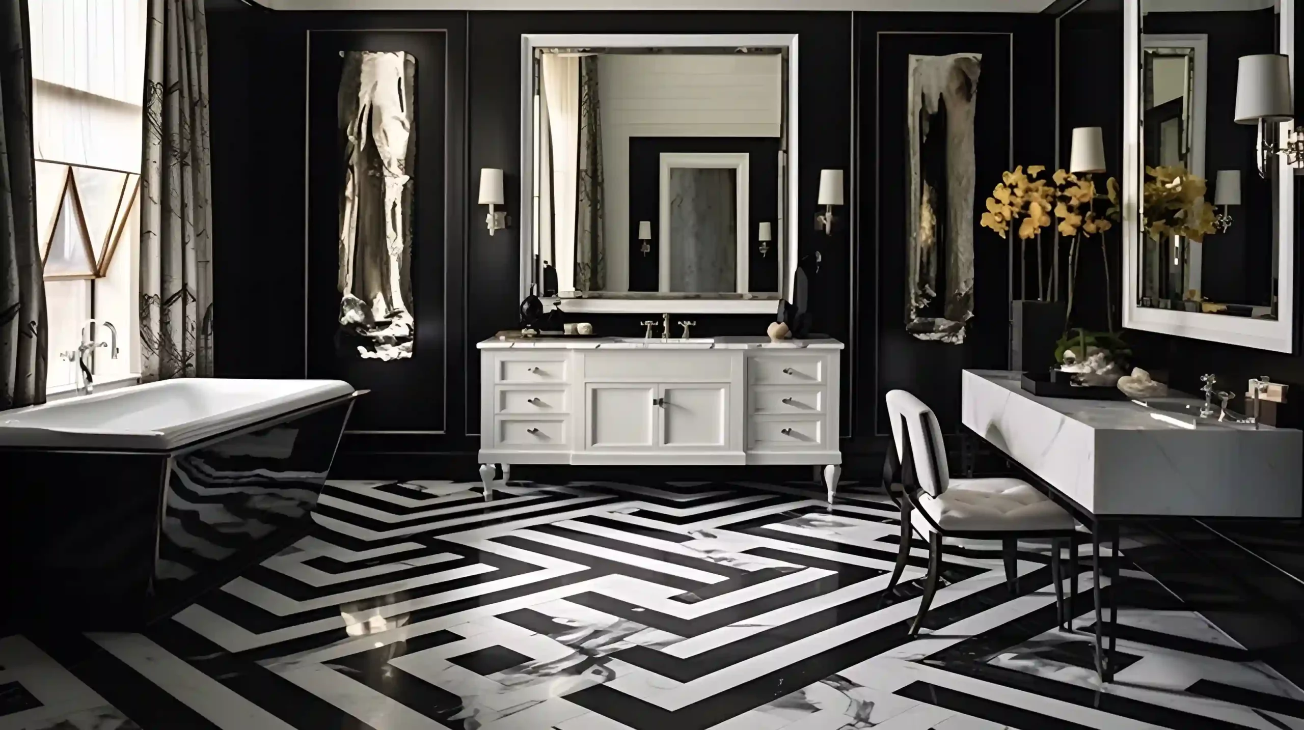 A black and white bathroom with a marble floor.