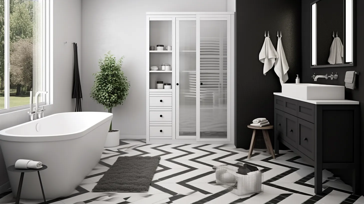 A bathroom with a black and white chevron floor.