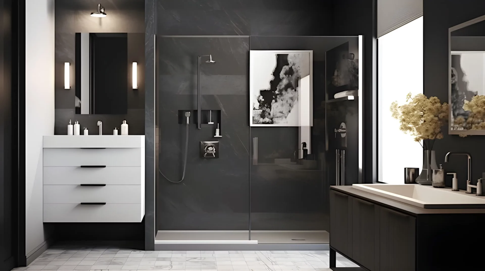 A black and white bathroom with a shower stall.
