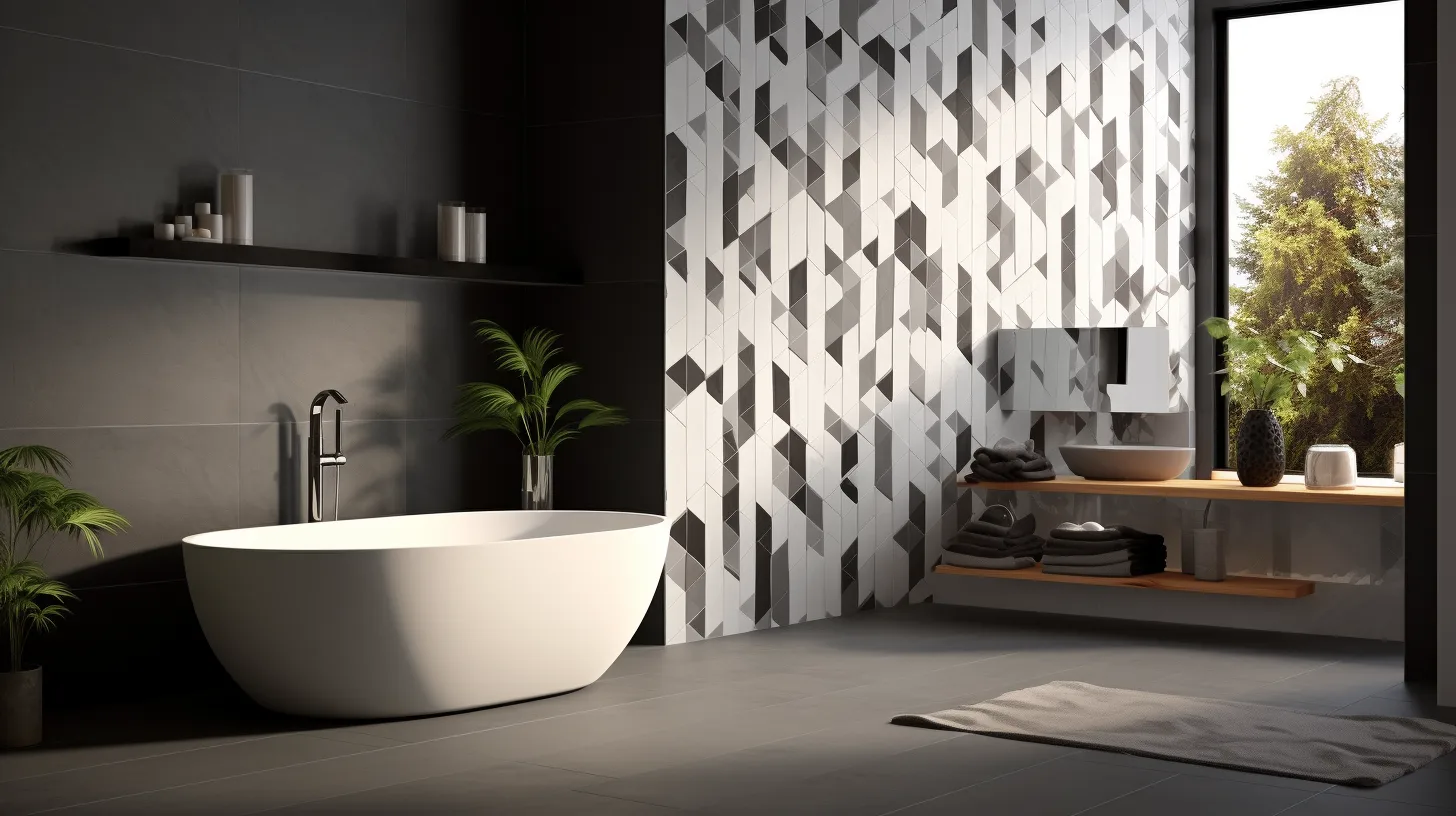 A bathroom with a black and white tiled wall.