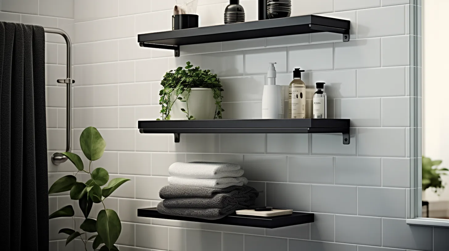 A bathroom with black shelves and a plant.