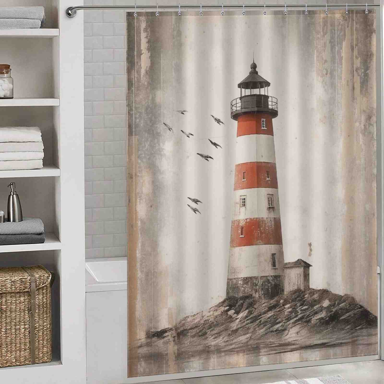 A rustic shower curtain with a vintage lighthouse on it, perfect for adding a touch of nostalgia to your bathroom decor.