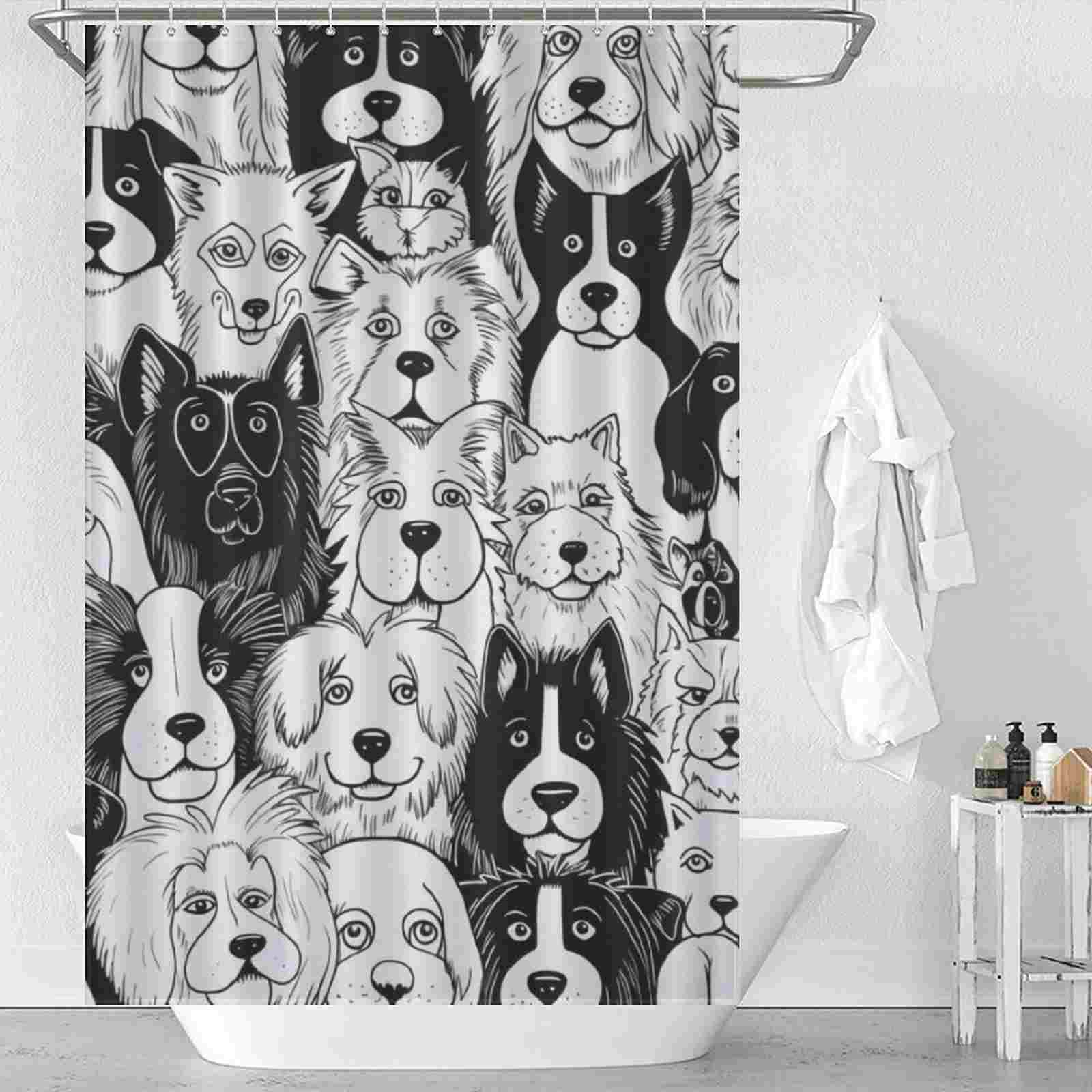 A black and white shower curtain with many dogs on it.