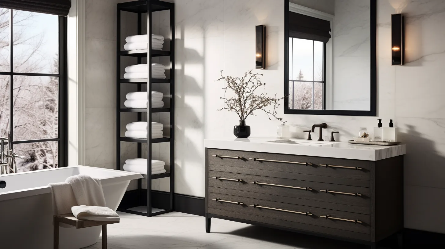 A black white grey bathroom with a tub, sink, mirror and towels.