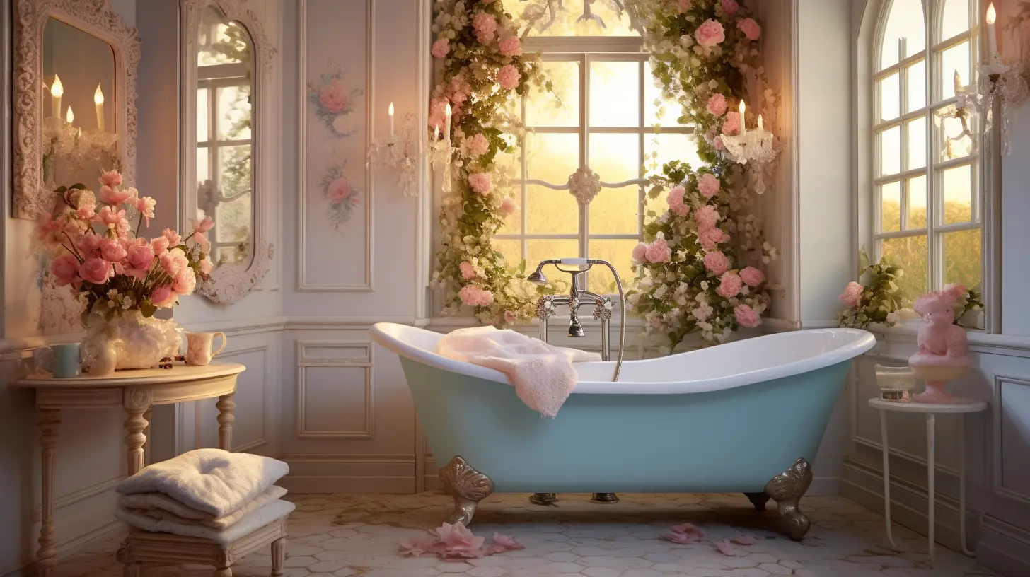 A bathroom with a bathtub and flowers.