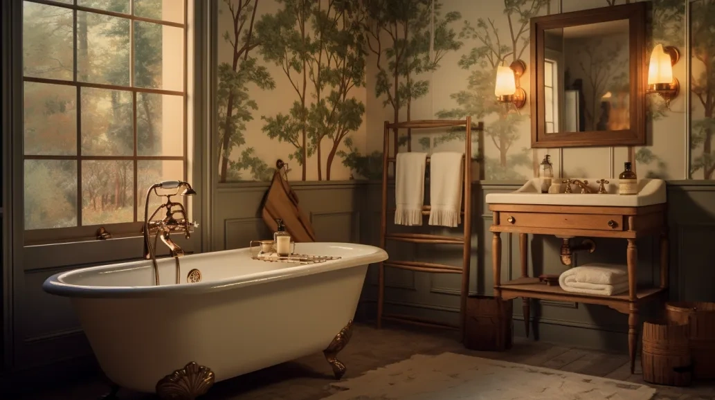A bathroom with an ornate wallpaper and a claw foot tub.