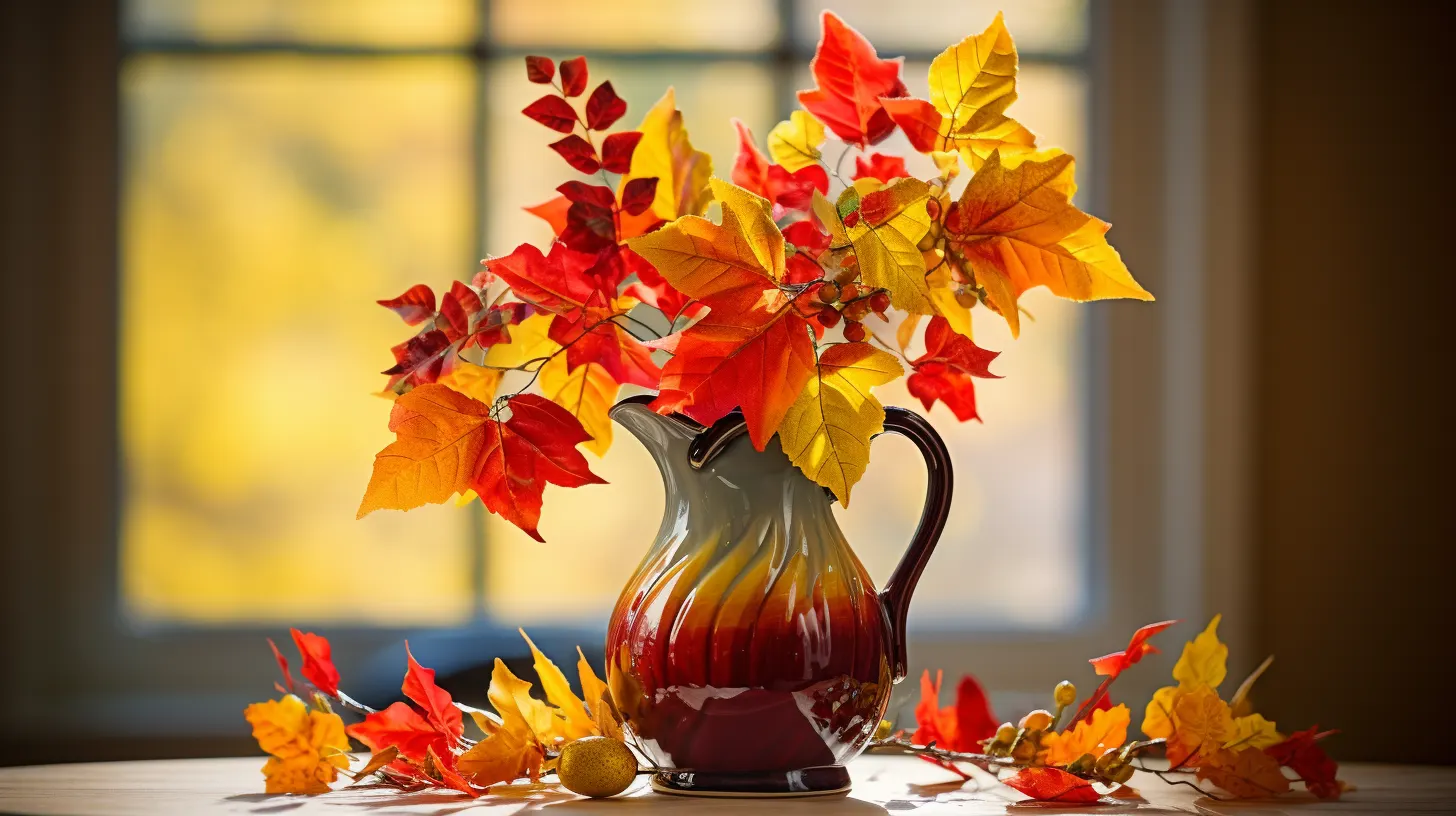 A DIY autumn leaf pitcher vase for Thanksgiving.