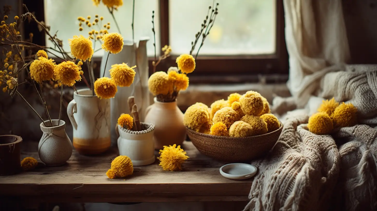 Many yellow DIY billy ball yarn flower bouquets.