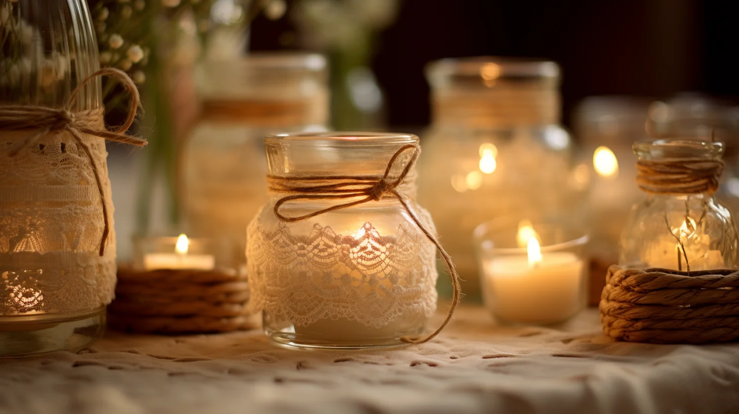 A DIY candle glass holder with a lace cover.