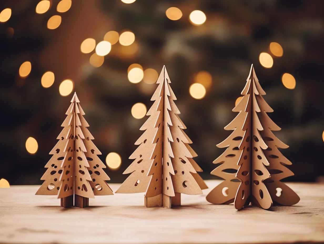 Three DIY cardboard Christmas trees.