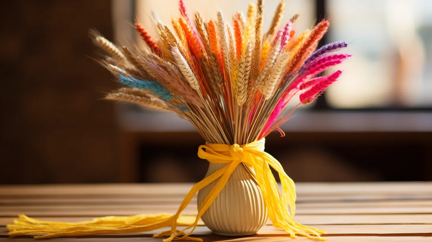 A bunch of DIY color-wrapped wheat for Thanksgiving.