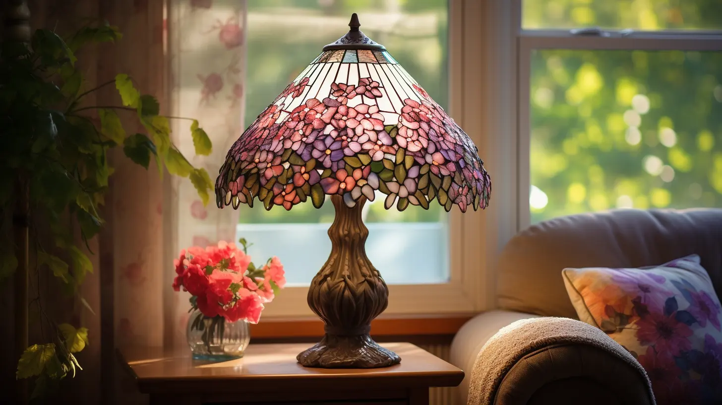 A DIY flower fabric cover for a lamp in the bedroom.