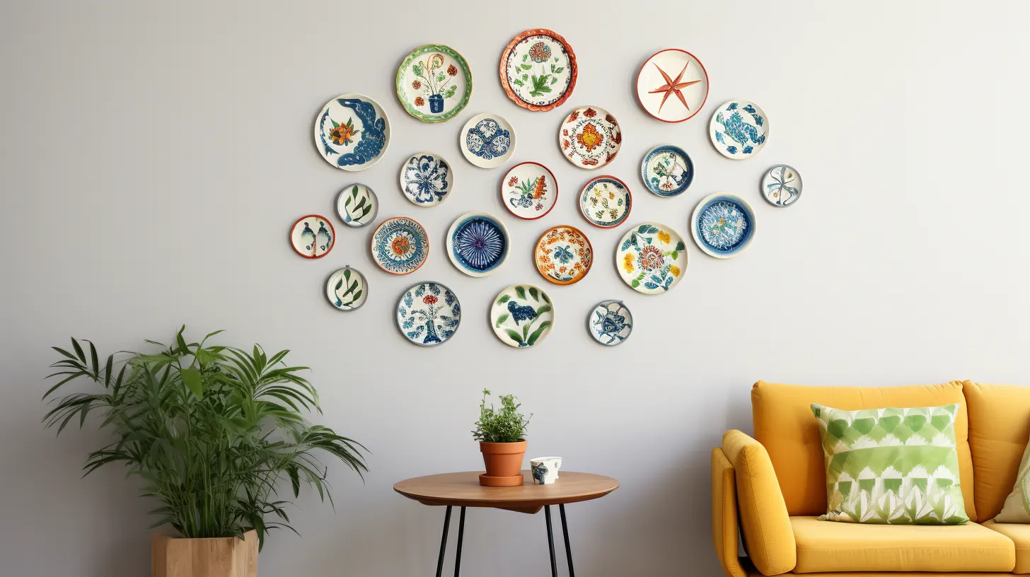 A wall of colorful and various DIY hanging wall plates.