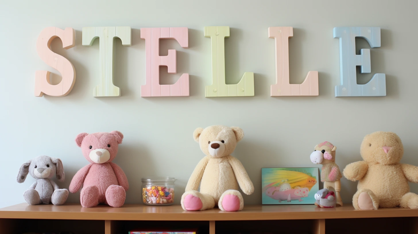 Wooden DIY painted letters for a kid's name in several light colors.