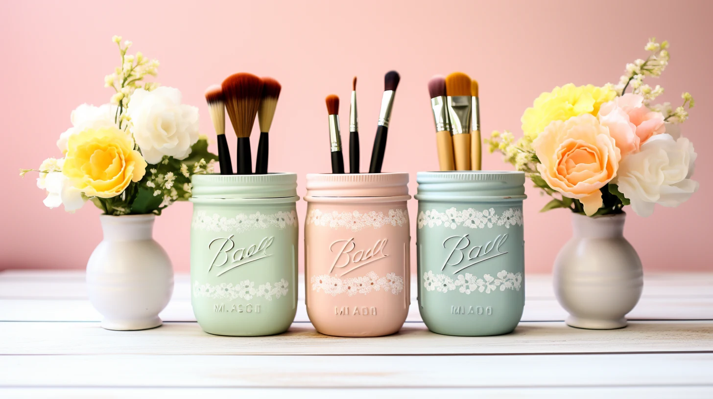 DIY painted Mason jar bathroom organizers with brushes in it.