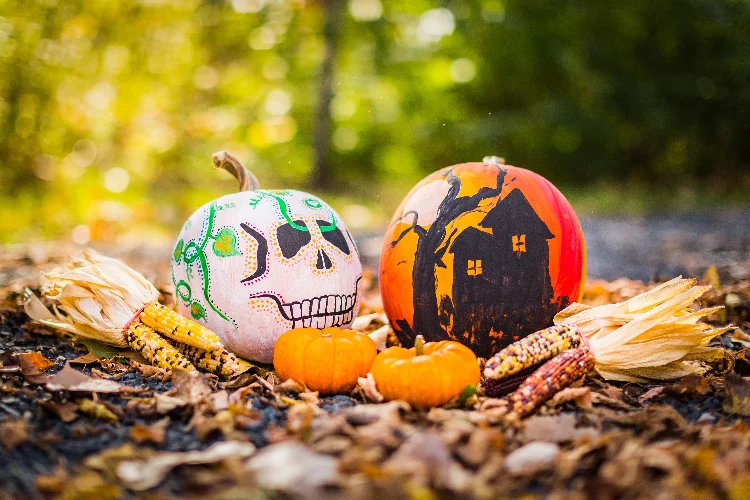 Two DIY painted ghost pumpkins for Halloween,
