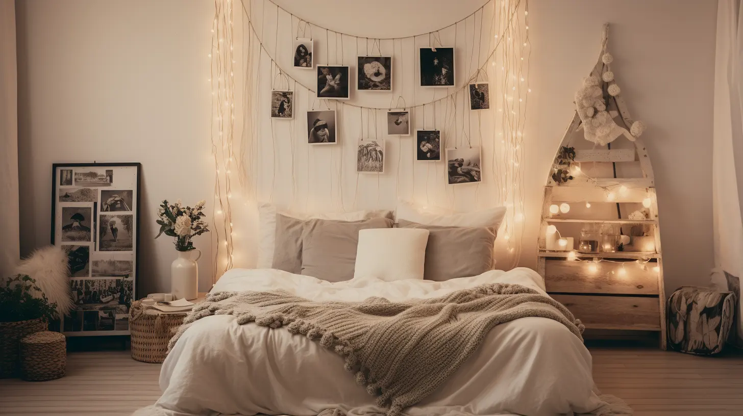 A DIY string light photo wall in a cozy bedroom.
