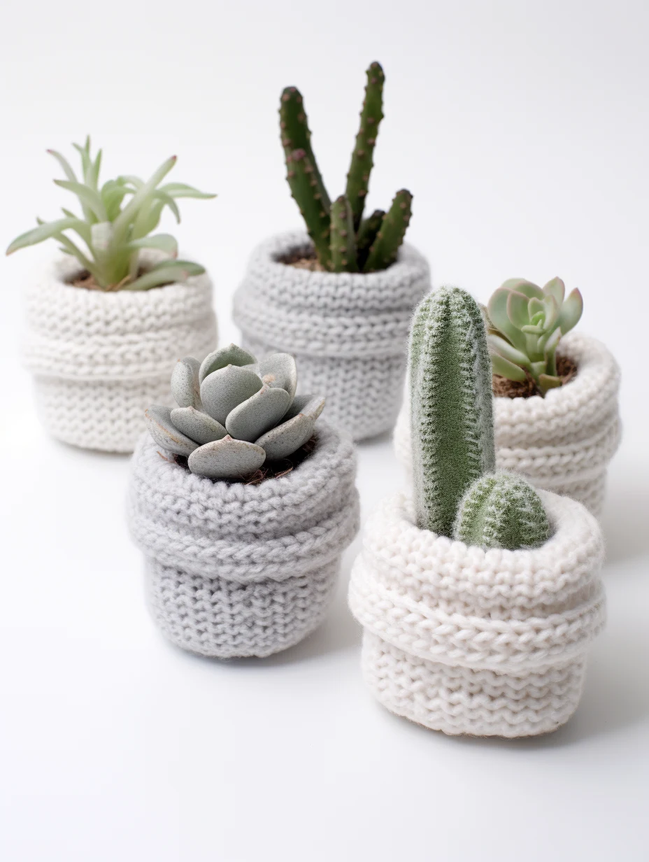 Five DIY sweater planter covers, made of white and grey sweaters.