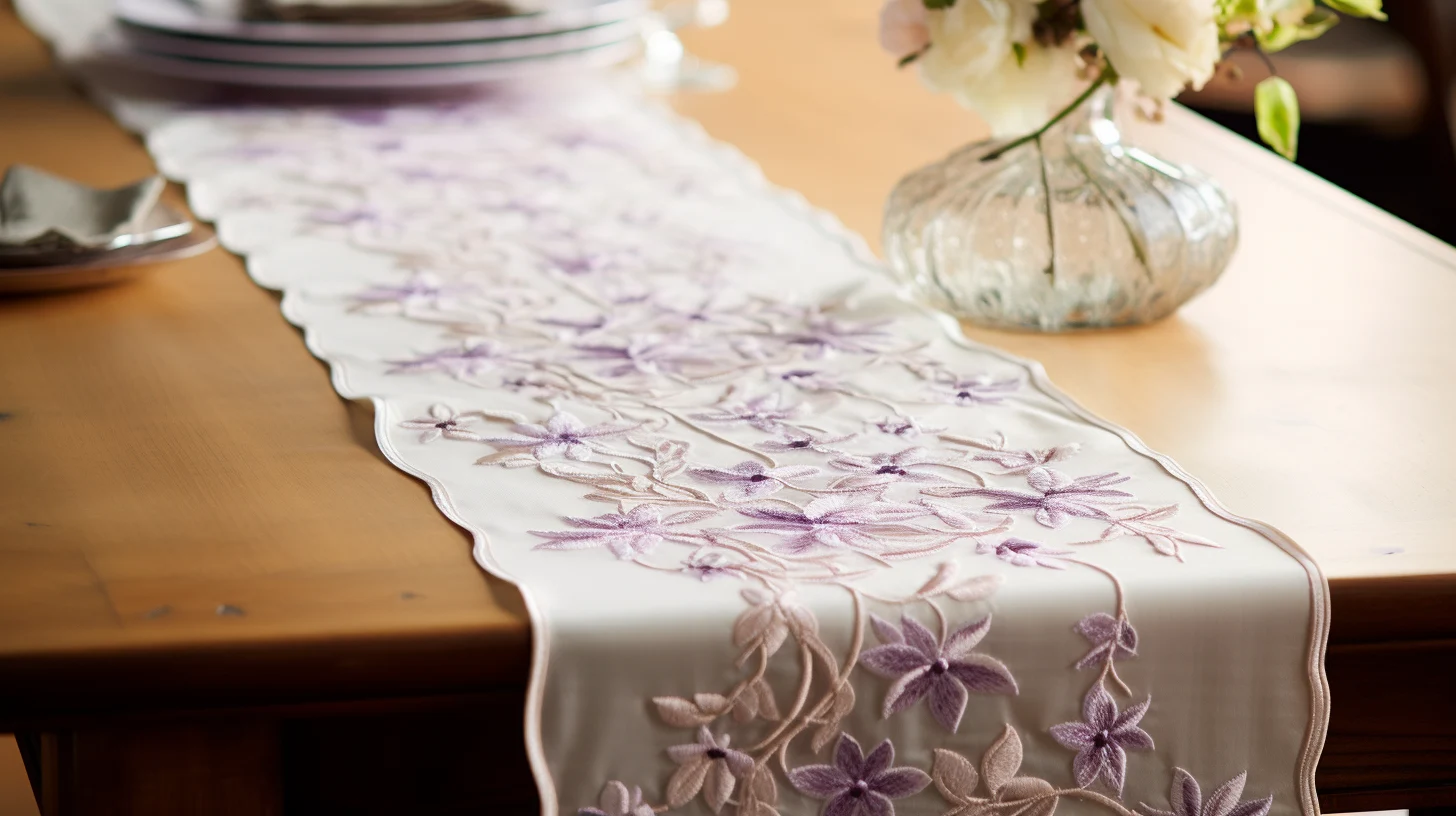A DIY table runner, embroidered with purple flowers.
