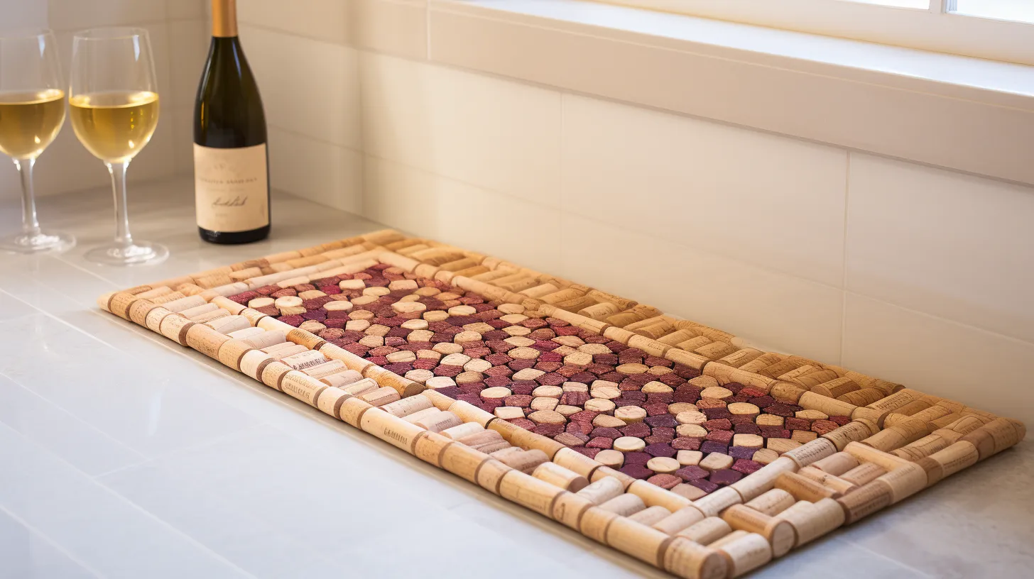 A DIY wine cork bath mat beside the bathtub.