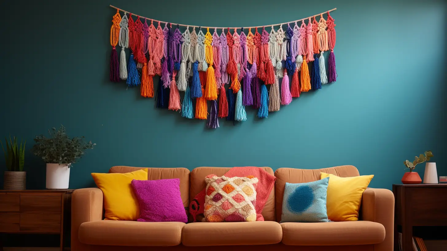 A DIY yarn tassel wall hanging in various colors.