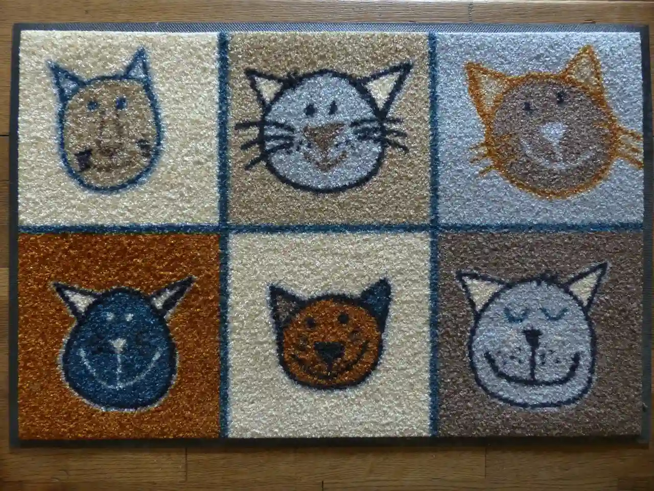 A DIY cute doormat with six cats on it.