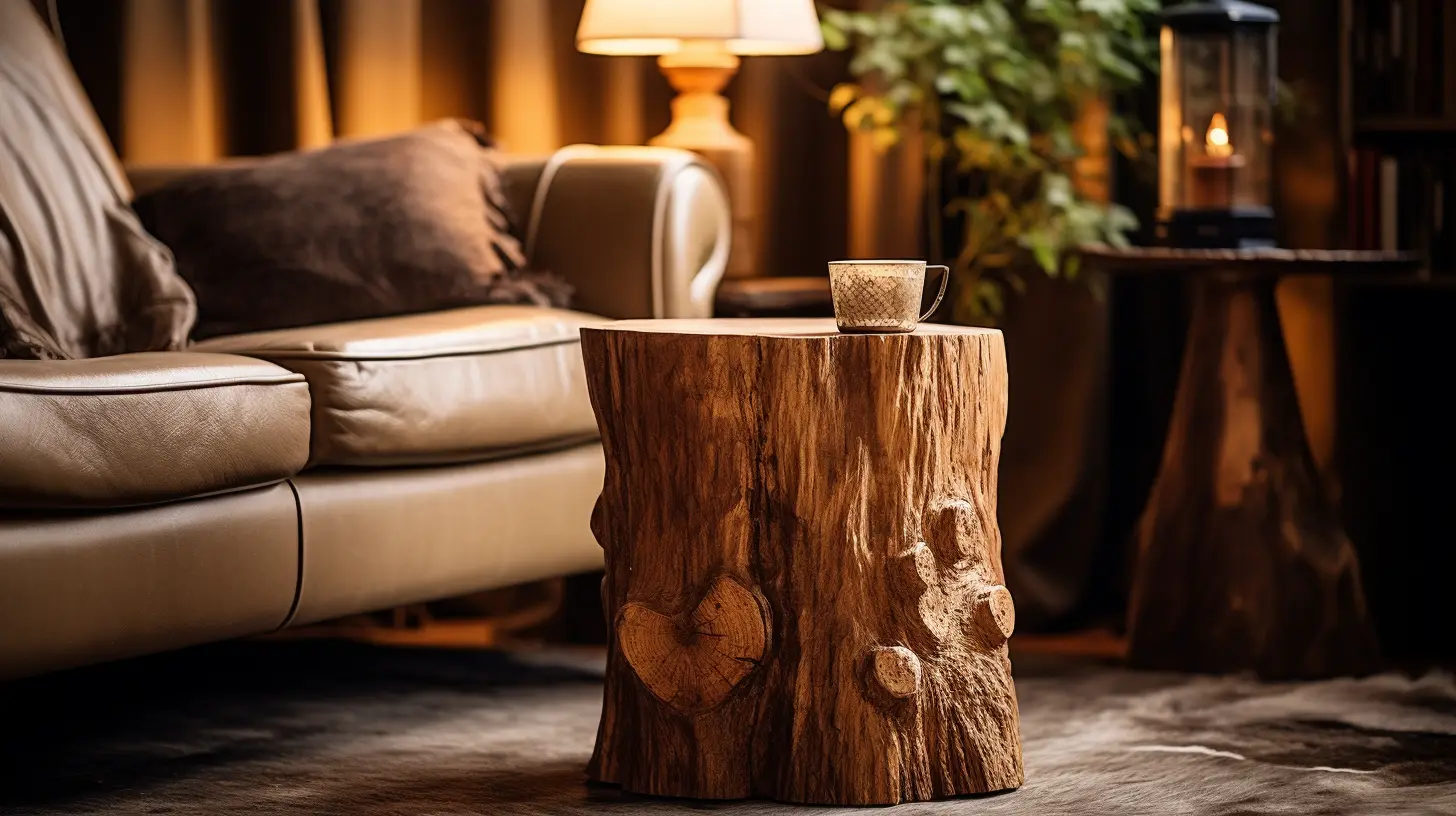 A DIY tree stump side table in the living room.