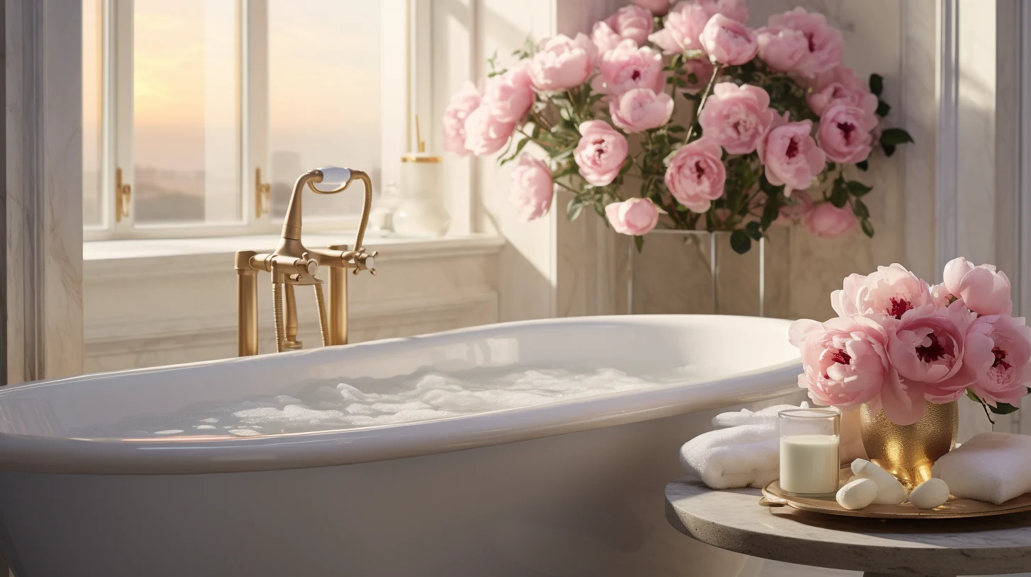 A bathtub with pink roses in front of a window.