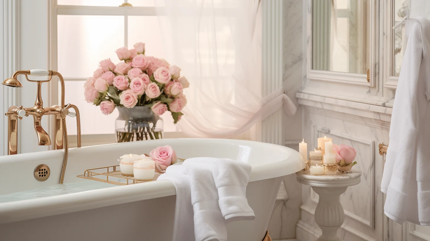 A bathroom with pink roses and candles.