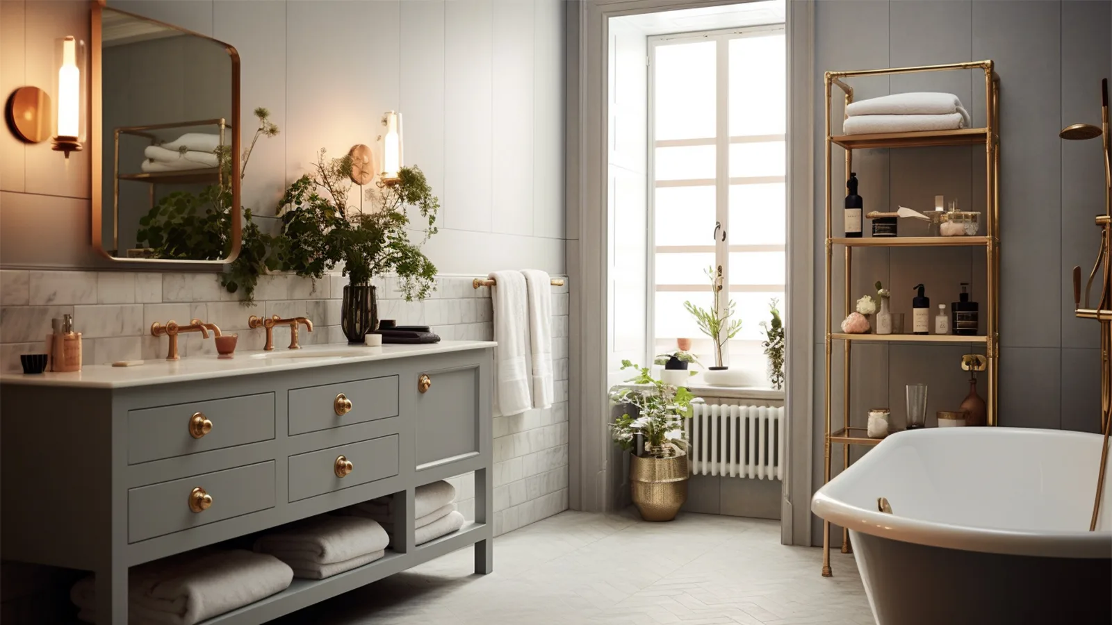 Tips for decorating a bathroom with a tub, sink, and shelves in an apartment.