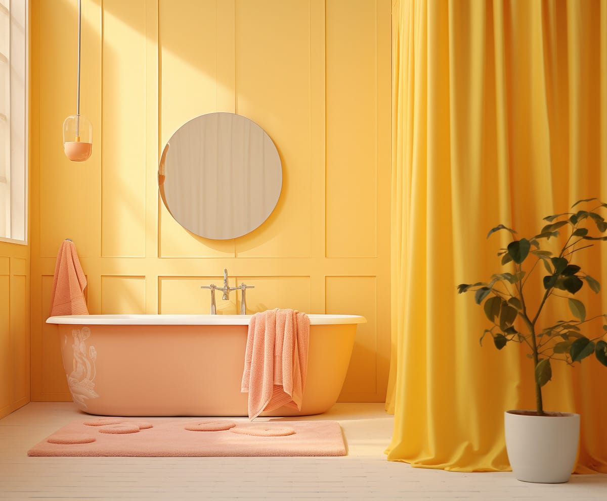 Bright yellow & white bathroom, cheerful shower curtain. Keep it mold-free: wash, use vinegar, air dry