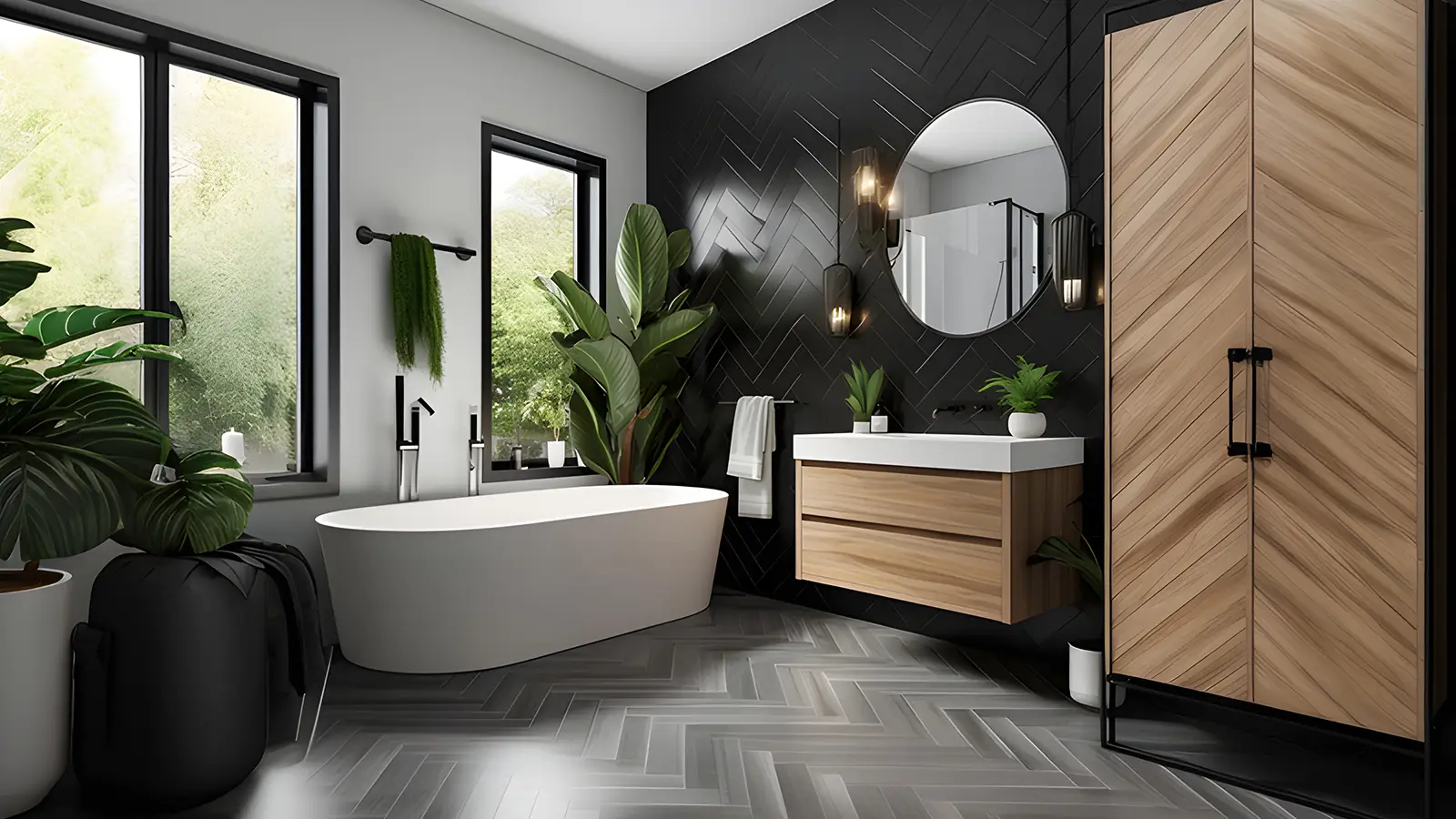 A black and white bathroom with plants and a tub.