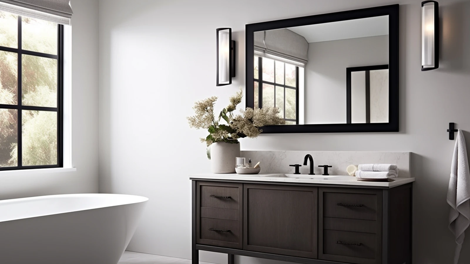 A black and white bathroom with a bathtub, sink, and mirror.