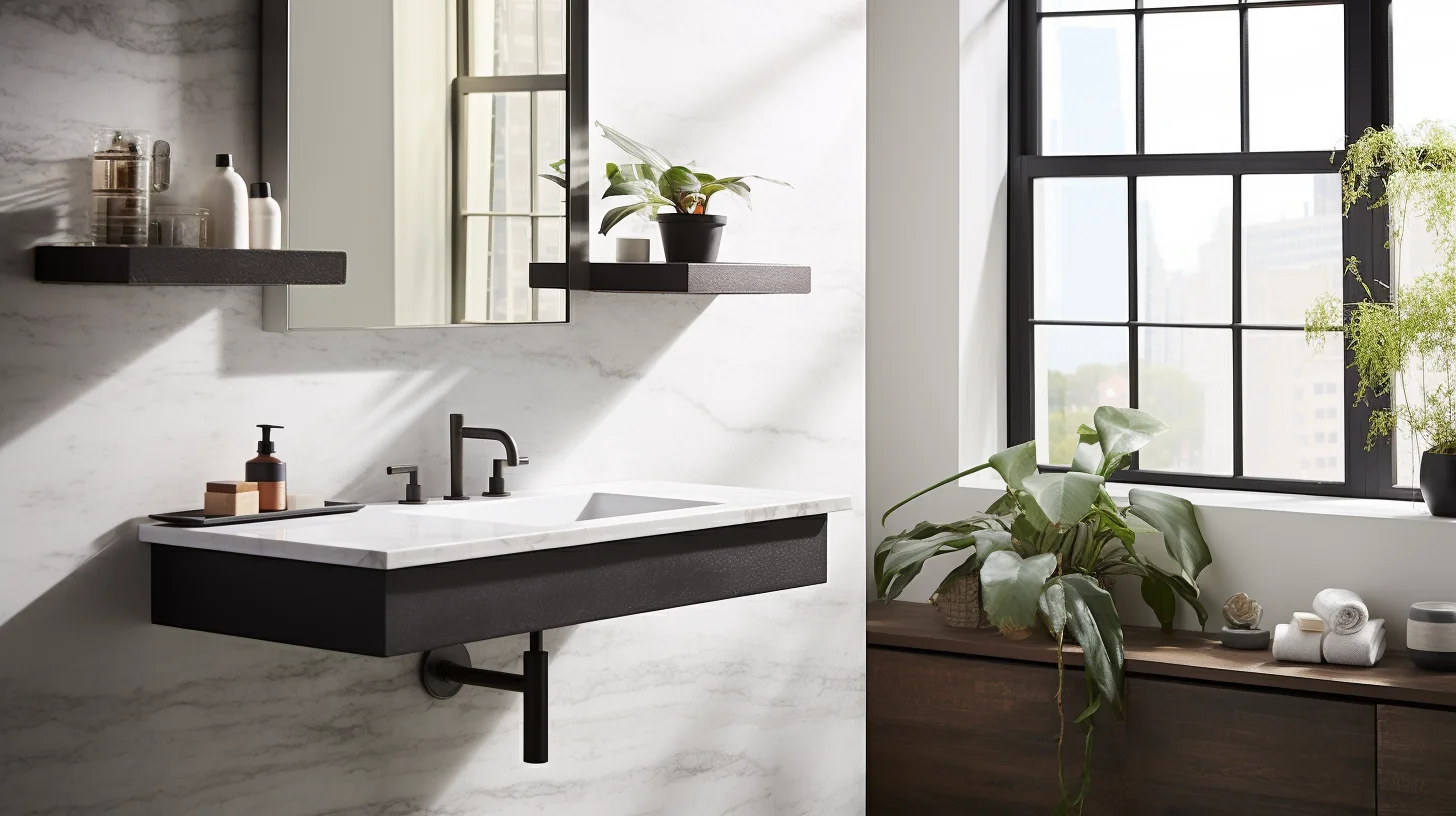 A bathroom with a sink, mirror, and a plant.