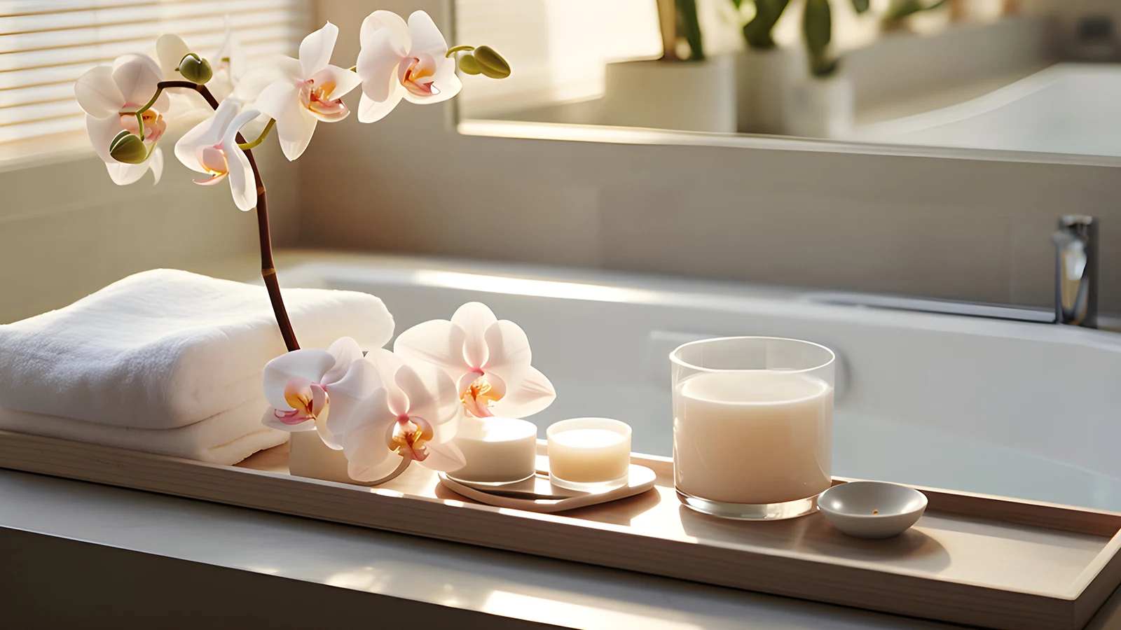 Discover creative ways to decorate an apartment bathroom with a wooden tray adorned by a beautiful flower and accompanied by a glass of milk.