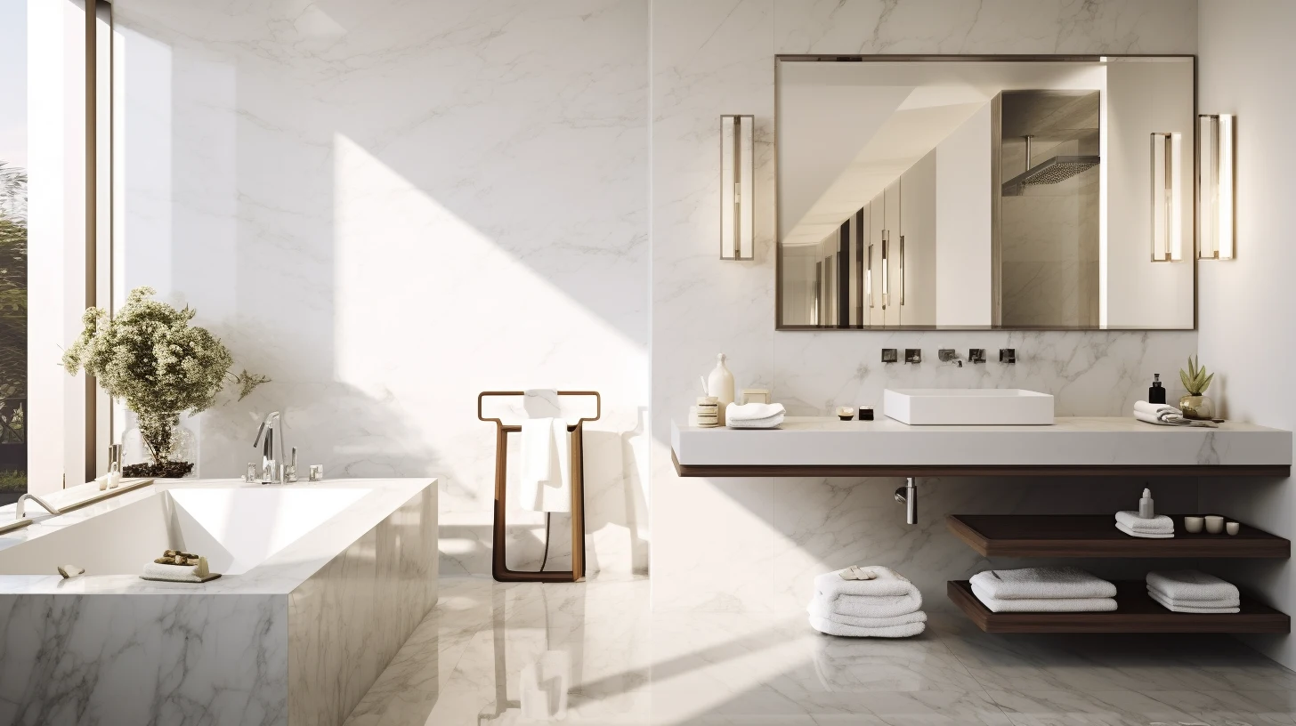 A modern bathroom with marble counter tops and a bathtub.