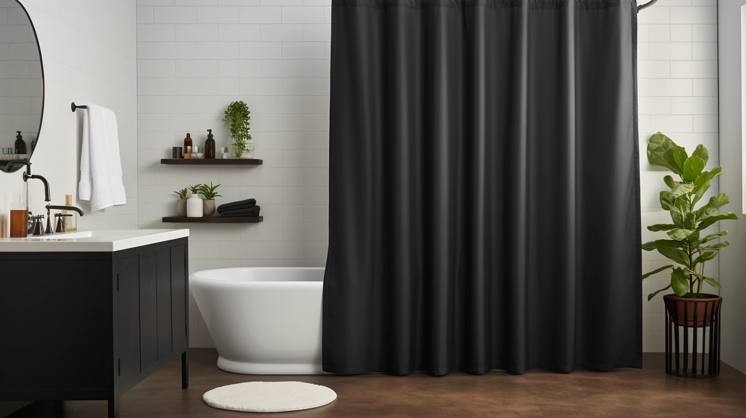 A bathroom with a black shower curtain.
