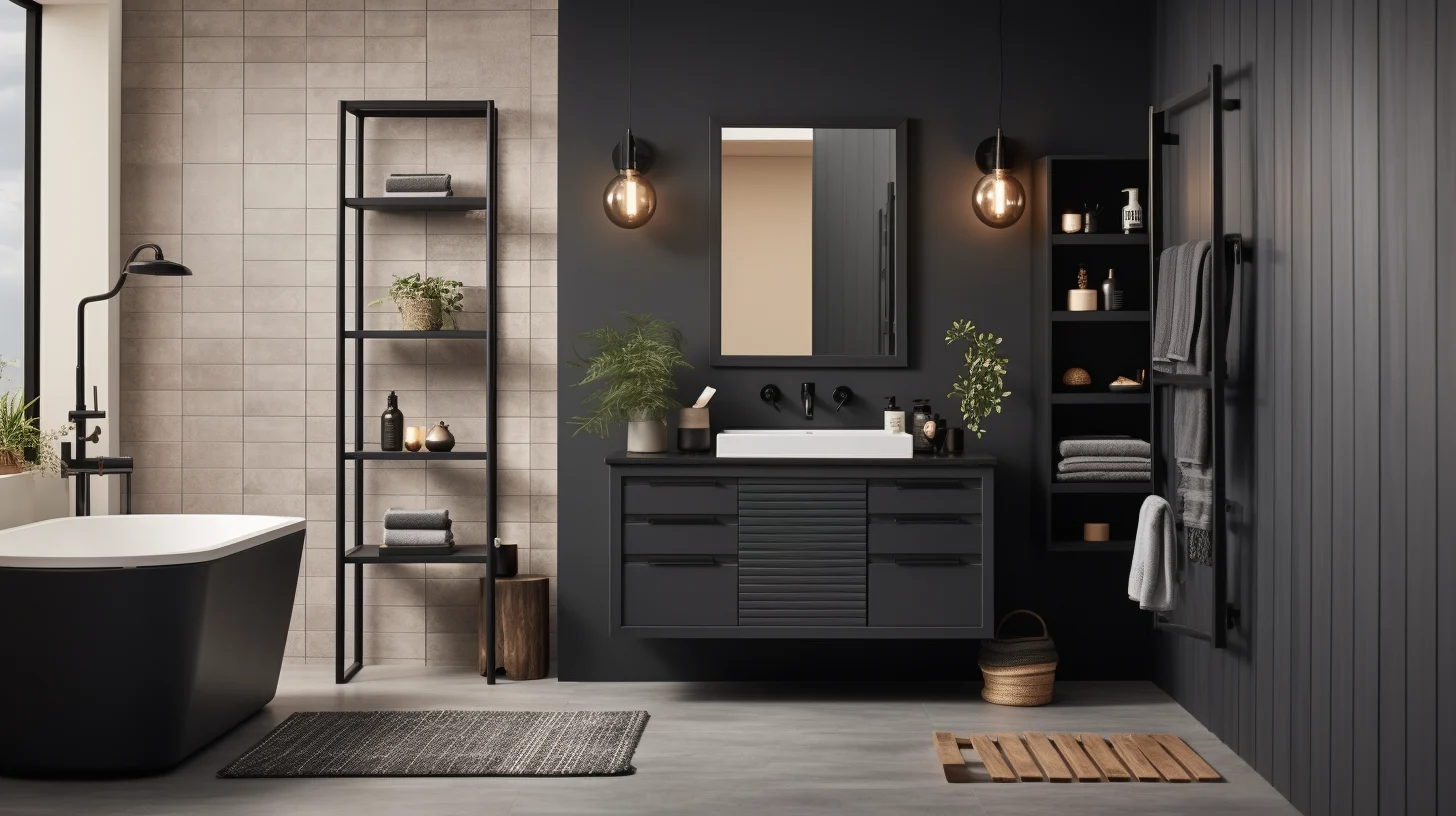 A modern bathroom with black walls and wooden floors.