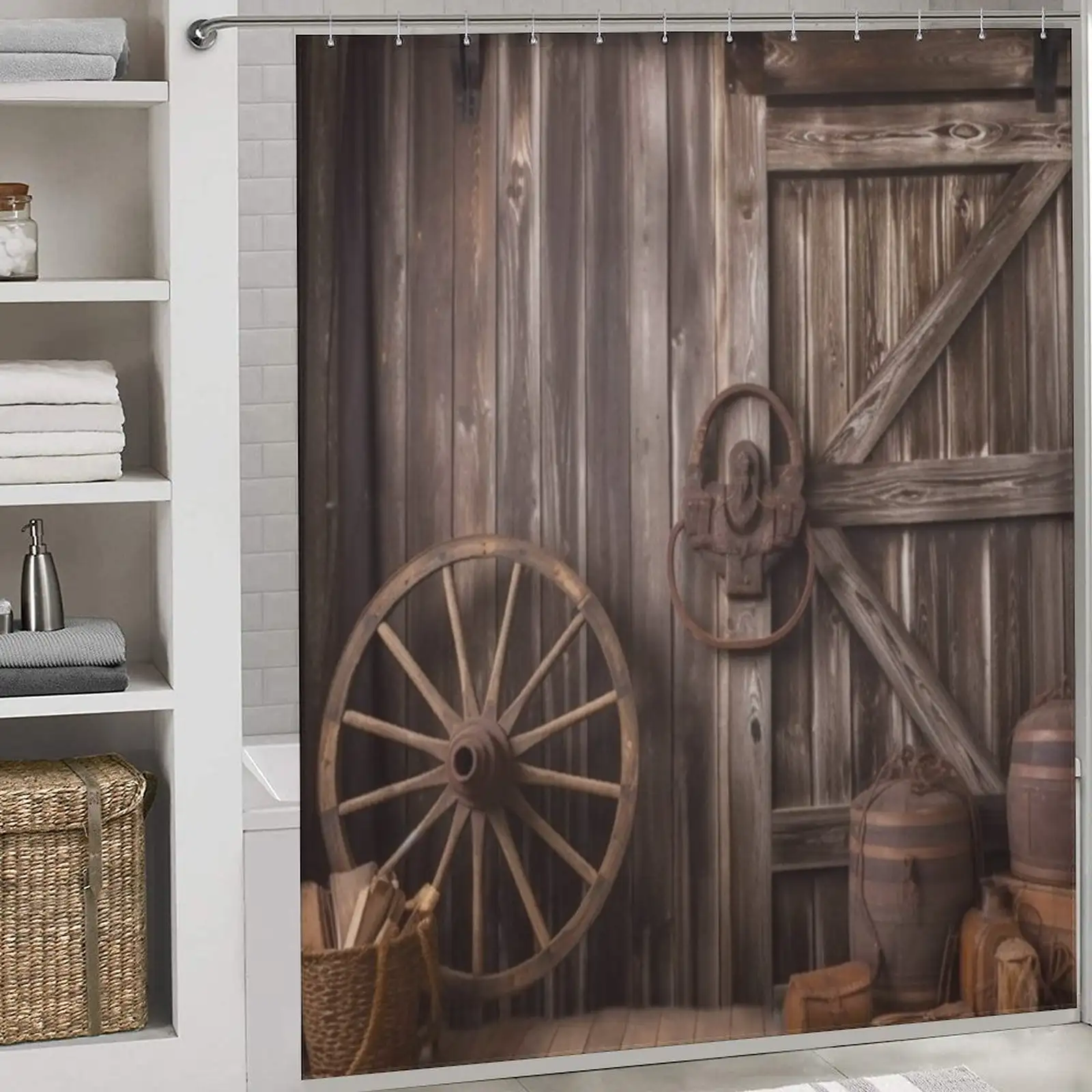 Add a rustic touch to your vintage bathroom decor with this shower curtain featuring a wagon wheel.