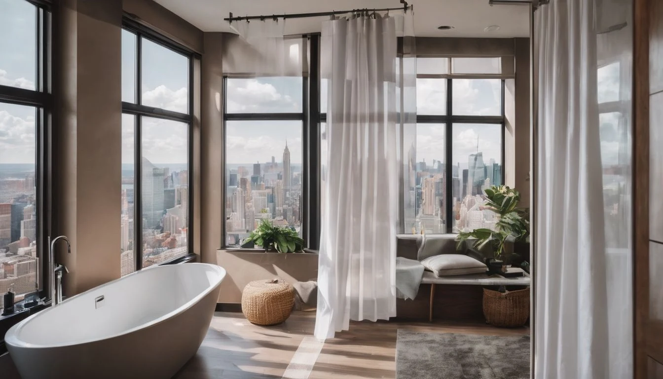 A bathroom with a large window overlooking a clean city.