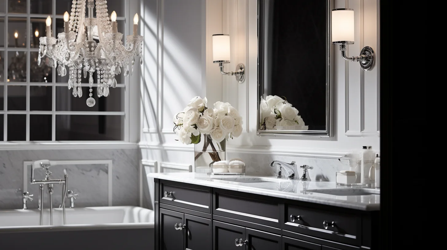 A bathroom with a chandelier and a tub.