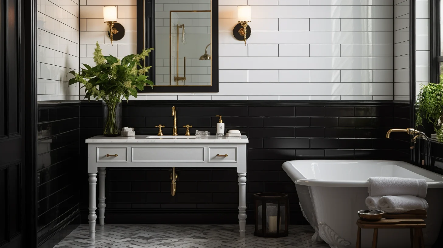 A black and white bathroom with gold accents.