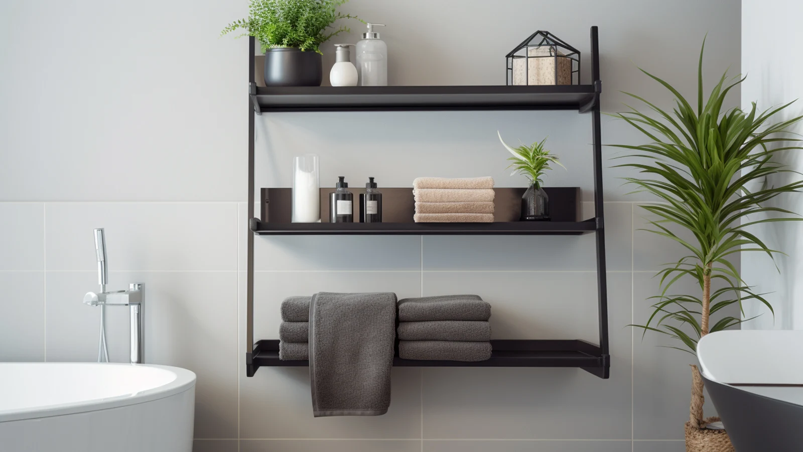 Discover how to decorate your apartment bathroom with a sleek black shelf and a vibrant potted plant.