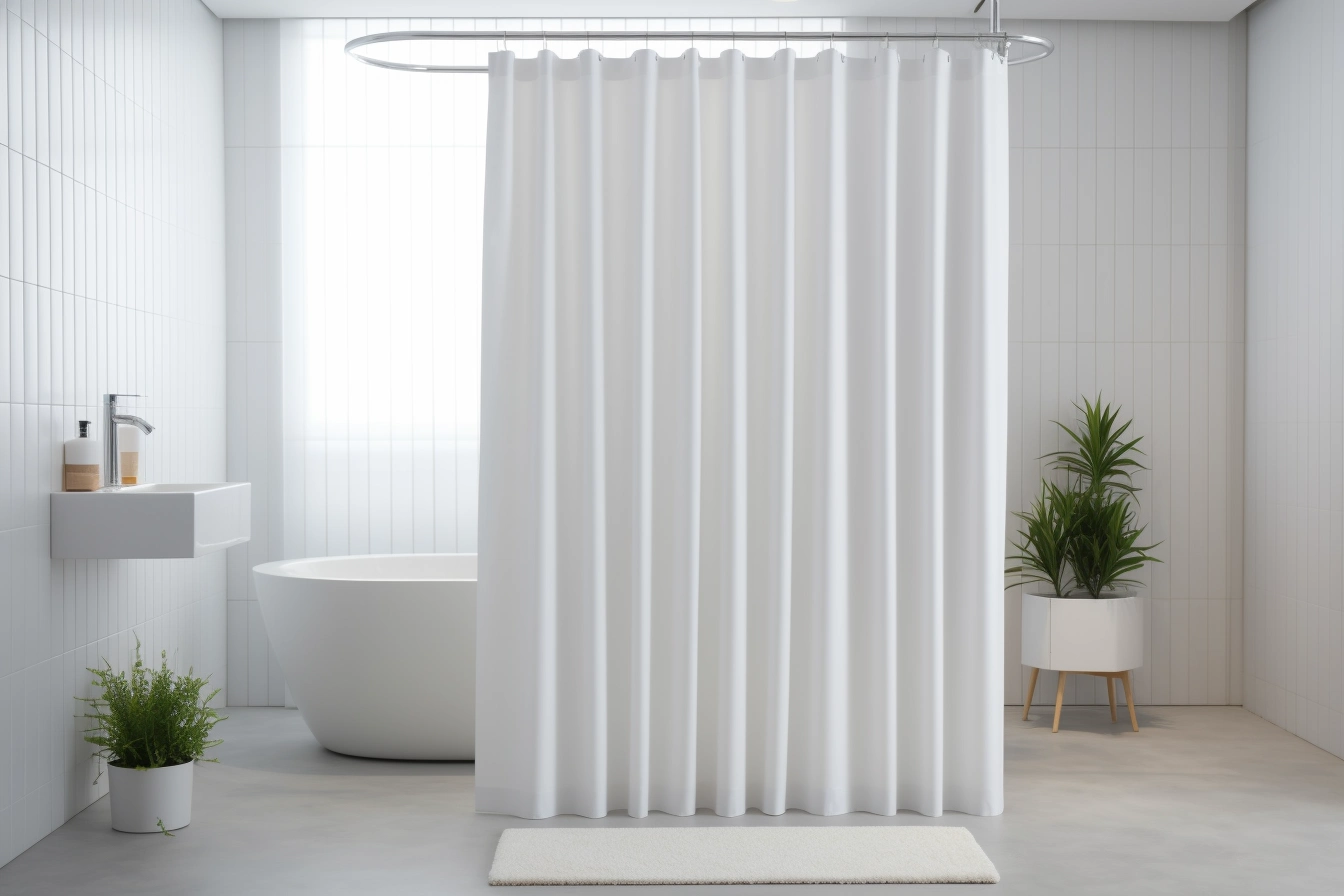 A neat bathroom with a pure white shower curtain, whose hooks slide smoothly.