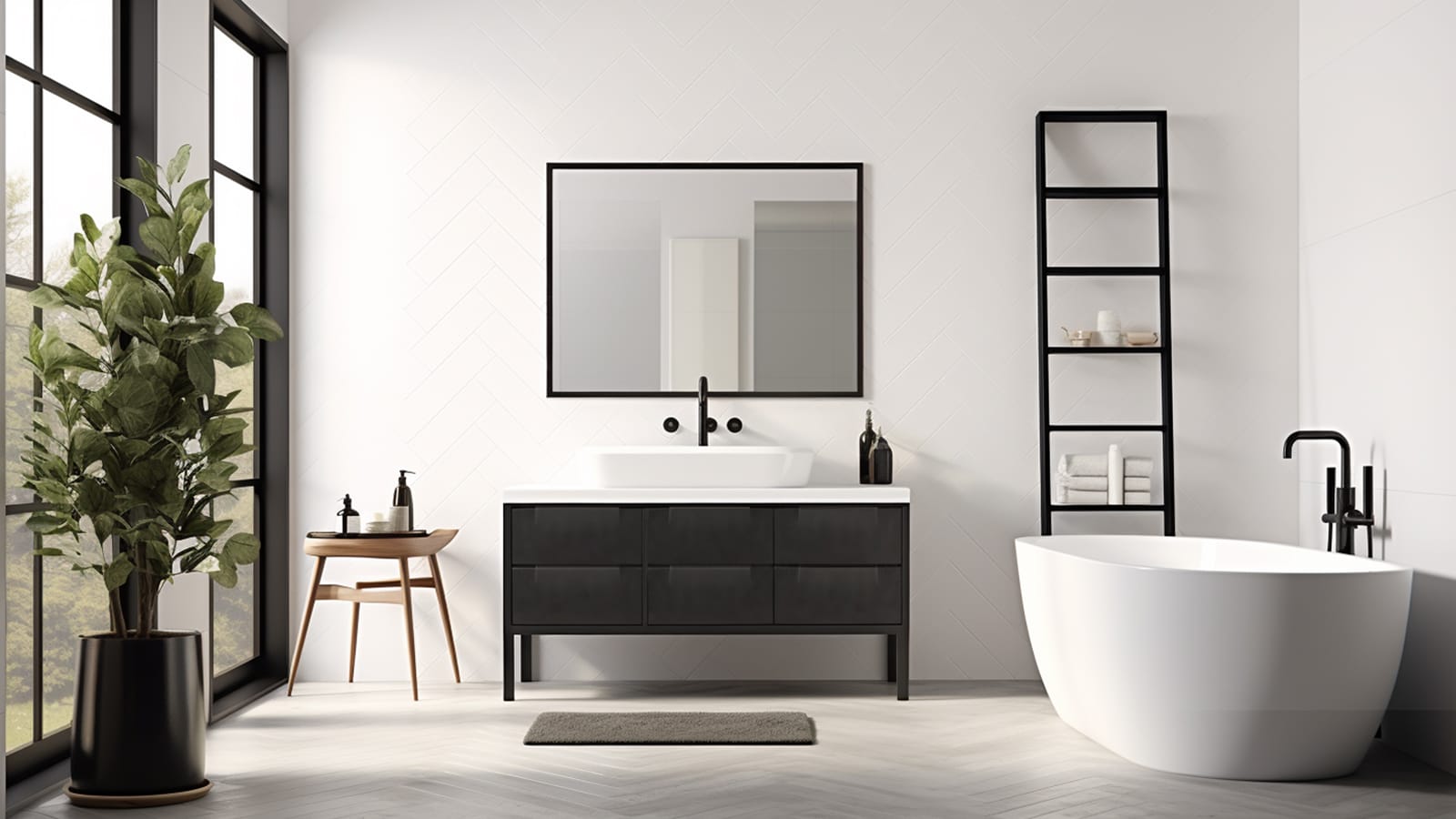 A black and white bathroom with a tub, sink and mirror.