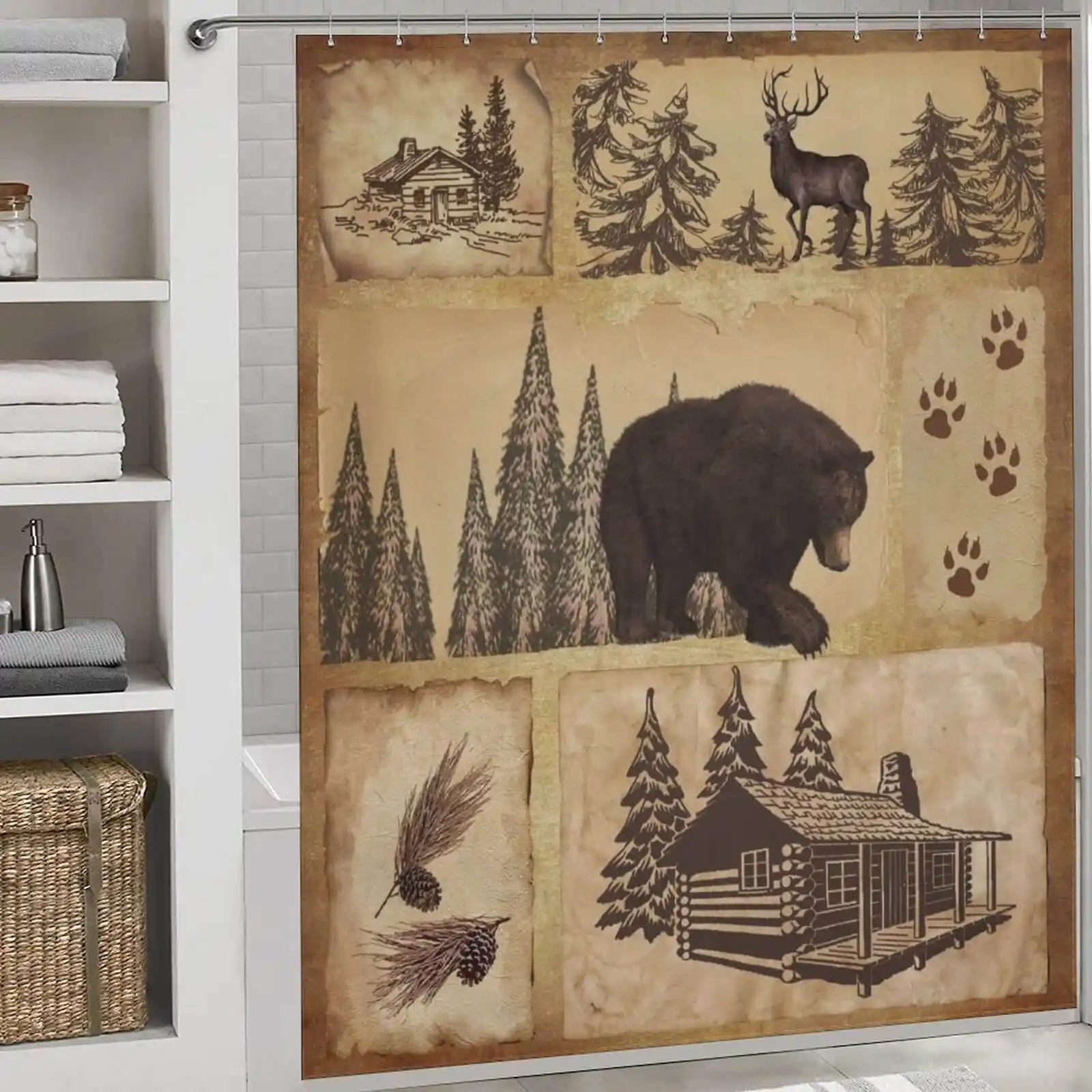 A shower curtain with bears, moose, and a cabin.