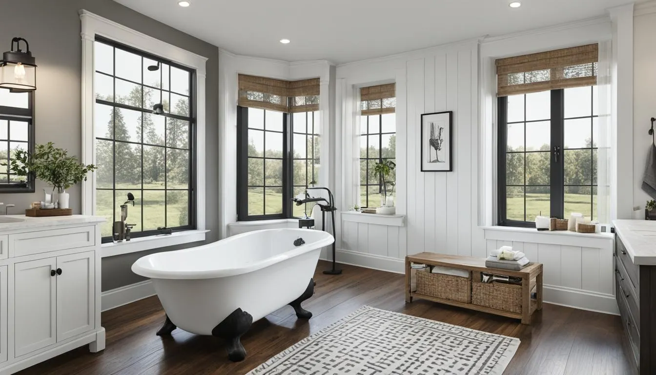 Country style bathroom decor: A bathroom with large windows and a white tub.
